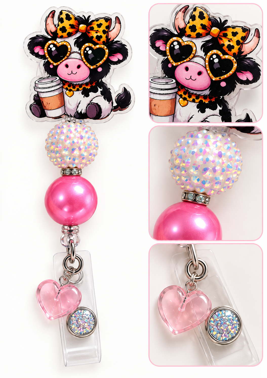 Cute Coffee Cow Badge Reel – Pink Pearl & AB Rhinestone with Soft Pink Heart Charm Beaded ID Holder