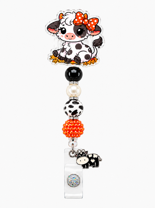 Autumn Cow Beaded Badge Reel with Matching Cow Charm