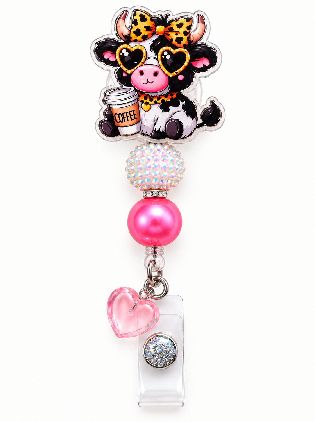Cute Coffee Cow Badge Reel – Pink Pearl & AB Rhinestone with Soft Pink Heart Charm Beaded ID Holder