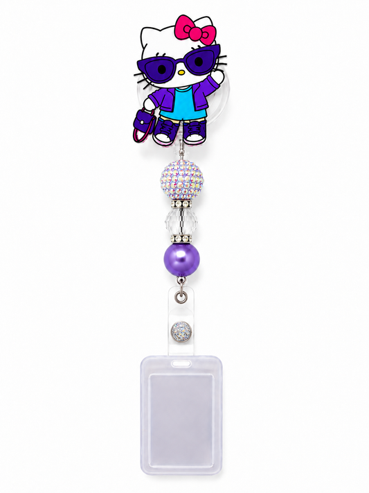 Cute Kitty Sparkle Badge Reel – Purple Pearl & AB Rhinestone Design with Transparent Flip-Top ID Holder