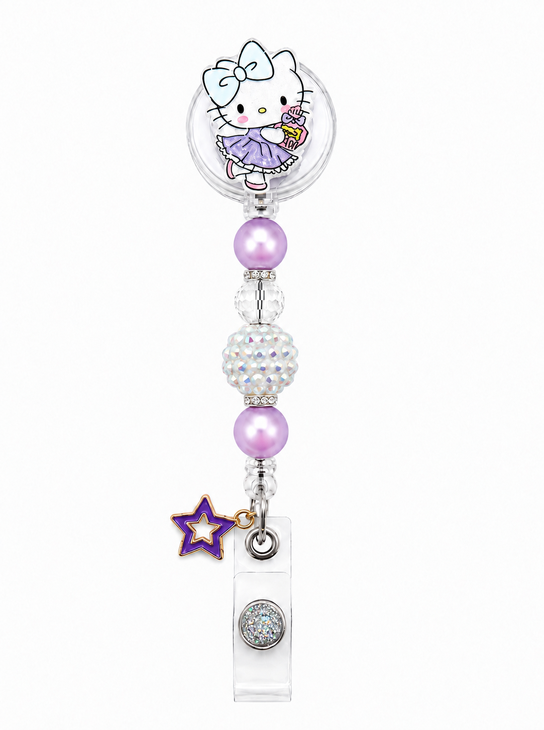 Magical Cupcake Kitty Beaded Badge Reel with Purple Star Charm