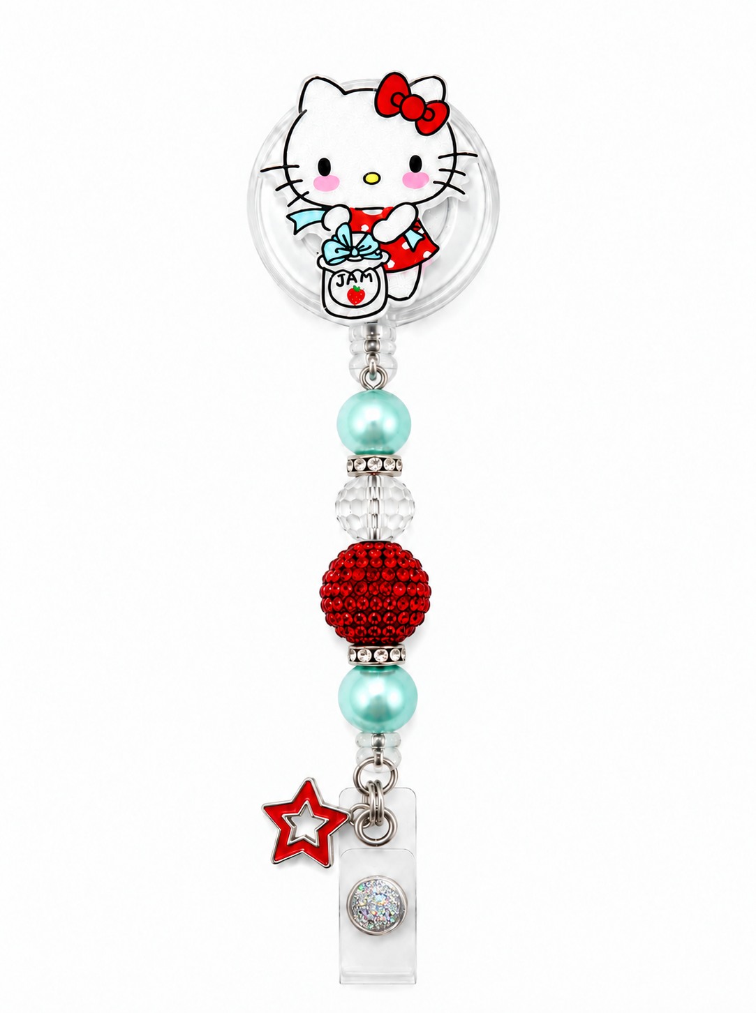 Kitty Jam Badge Reel – Red Rhinestone Bead & Aqua Pearls - Handmade ID Holder
