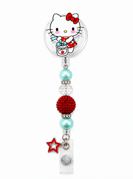 Kitty Jam Badge Reel – Red Rhinestone Bead & Aqua Pearls - Handmade ID Holder