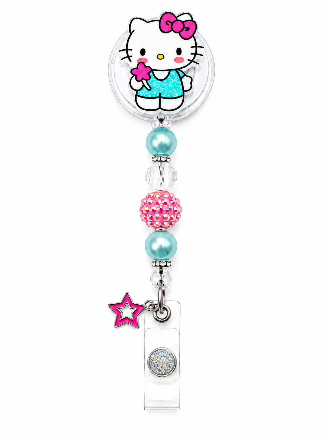 Sparkle Flower Kitty Beaded Badge Reel with Pink Star Charm - Handmade Retractable ID Holder