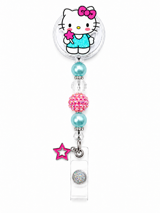 Sparkle Flower Kitty Beaded Badge Reel with Pink Star Charm - Handmade Retractable ID Holder