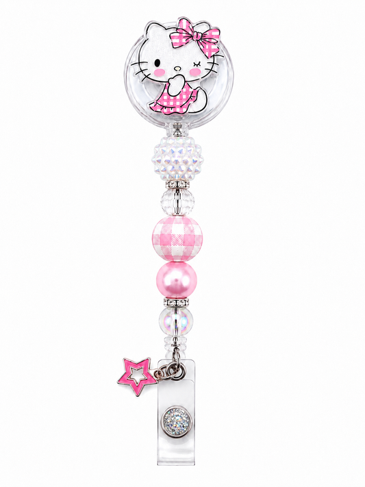 Pink Gingham Kitty Badge Reel – Handmade Beaded Retractable ID Holder