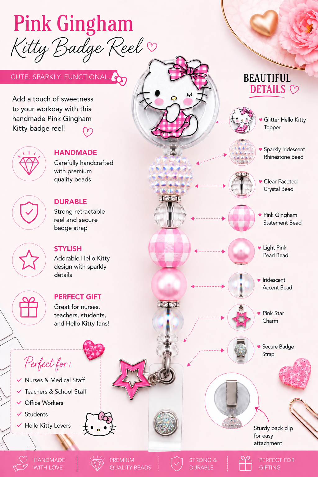 Pink Gingham Kitty Badge Reel – Handmade Beaded Retractable ID Holder
