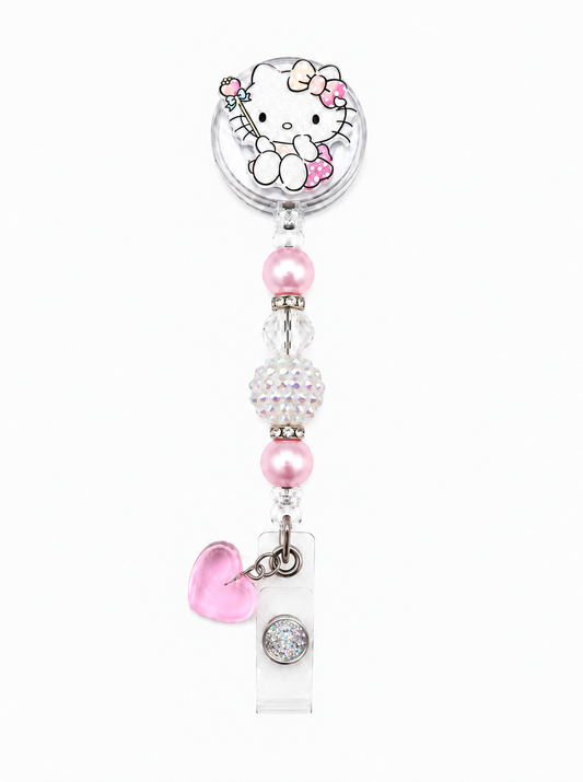 Kitty Pink Heart Wand Beaded Badge Reel - Handmade Retractable ID Badge Holder