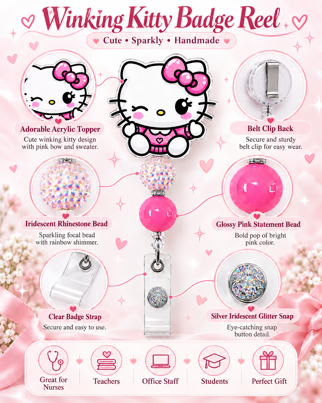 Pink Winking Kitty Badge Reel with Sparkle Bead – Cute Retractable ID Holder
