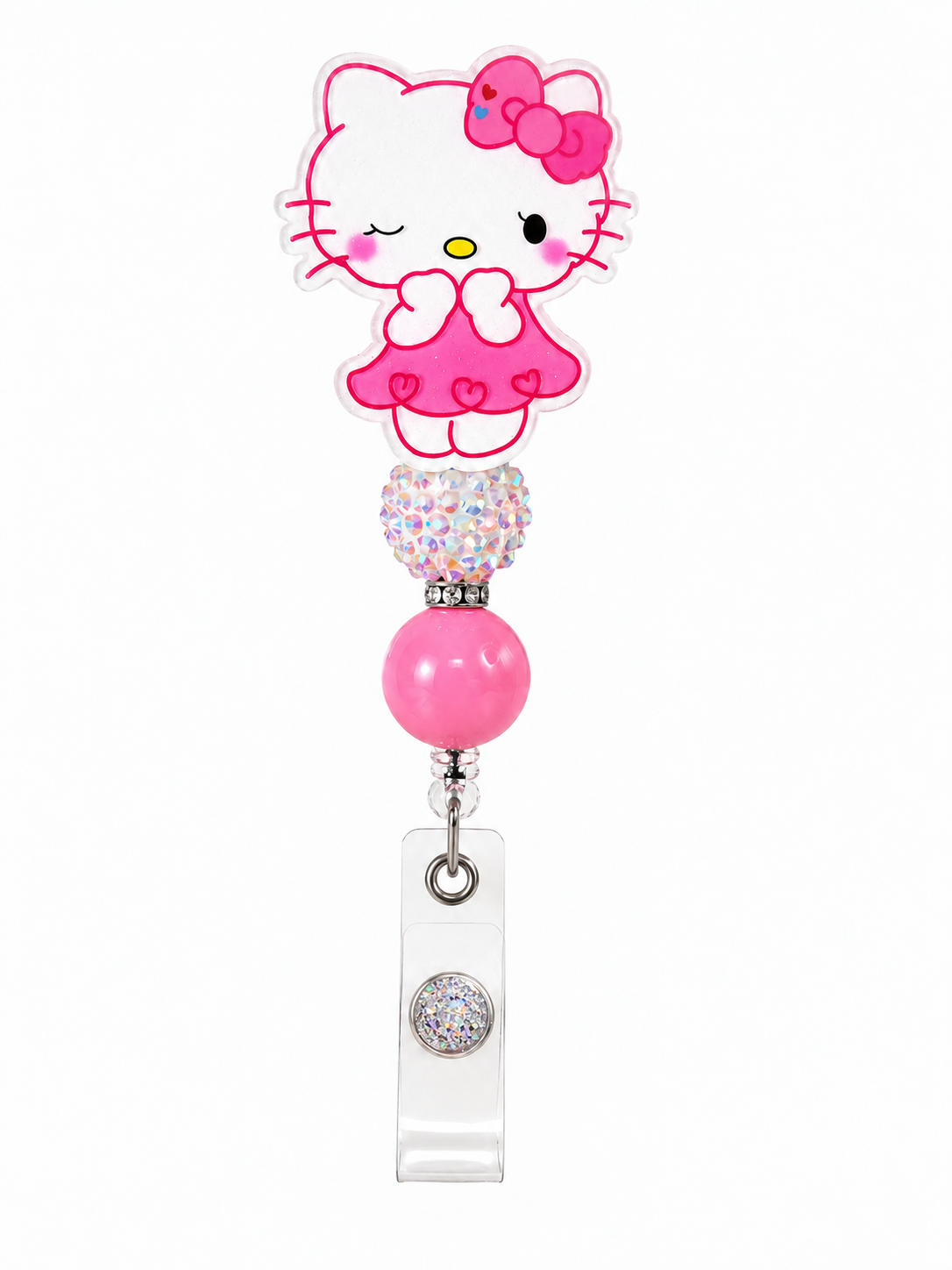 Winking Pink Kitty Badge Reel with Sparkle Bead – Cute Retractable ID Holder