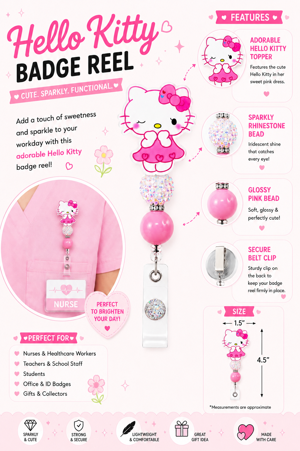 Winking Pink Kitty Badge Reel with Sparkle Bead – Cute Retractable ID Holder
