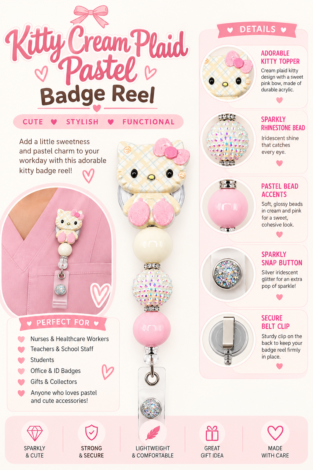 Kitty Cream Plaid Pastel Badge Reel – Pink & Ivory Beaded Design