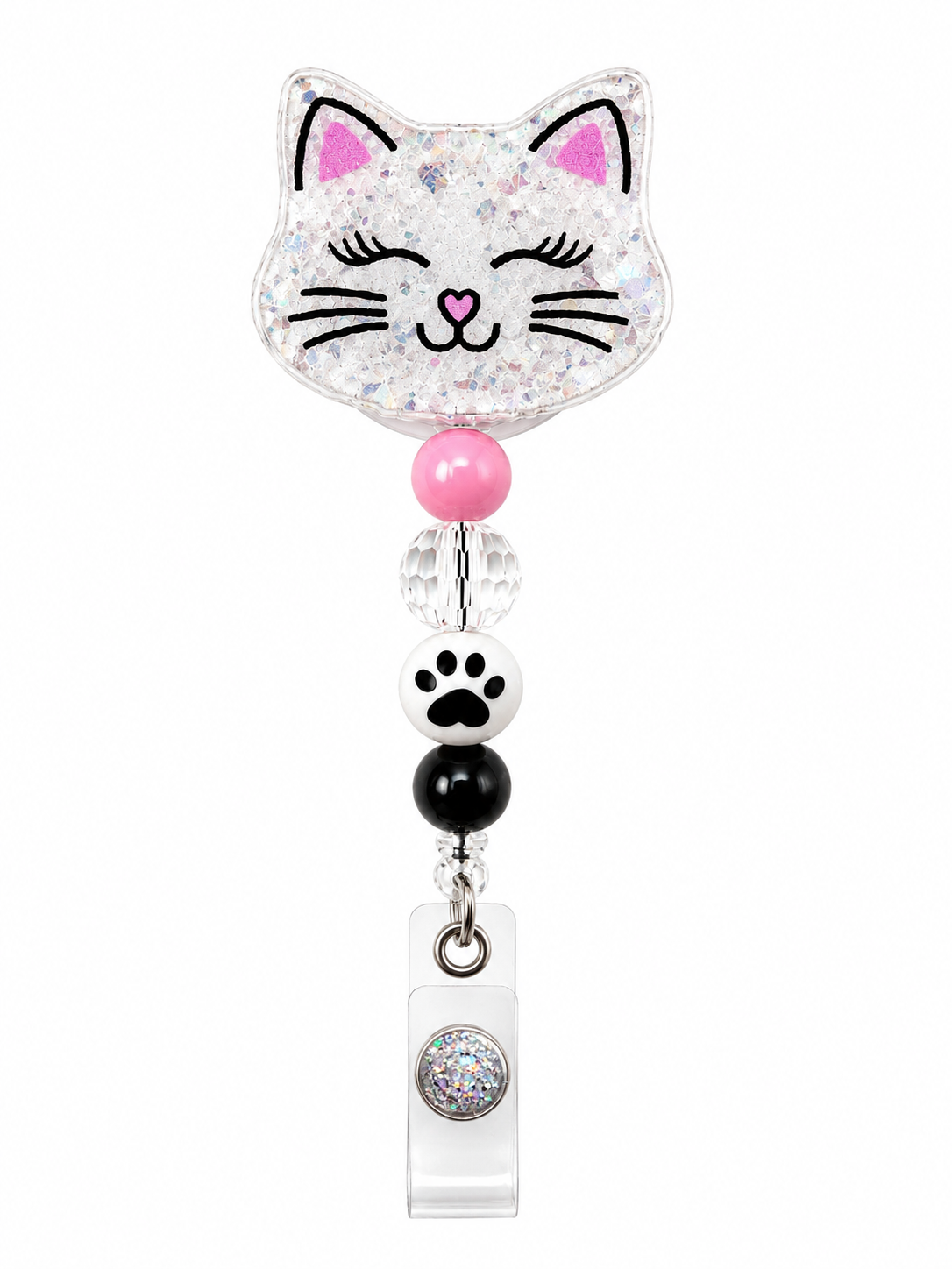 White Cat Badge Reel - Pink & Black Beaded Retractable ID Holder for Nurses & Teachers