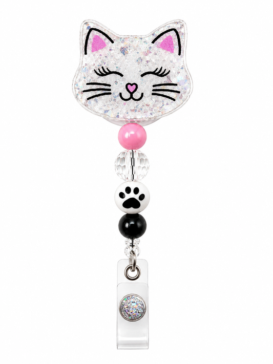 White Cat Badge Reel - Pink & Black Beaded Retractable ID Holder for Nurses & Teachers