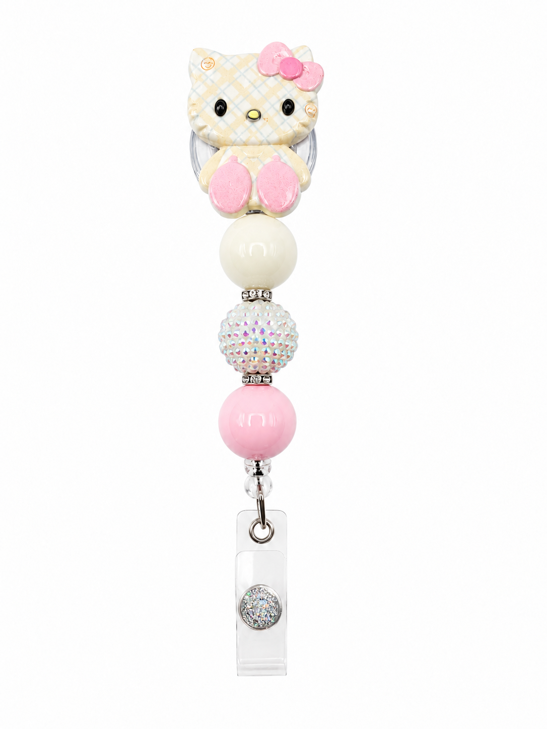 Kitty Cream Plaid Pastel Badge Reel – Pink & Ivory Beaded Design