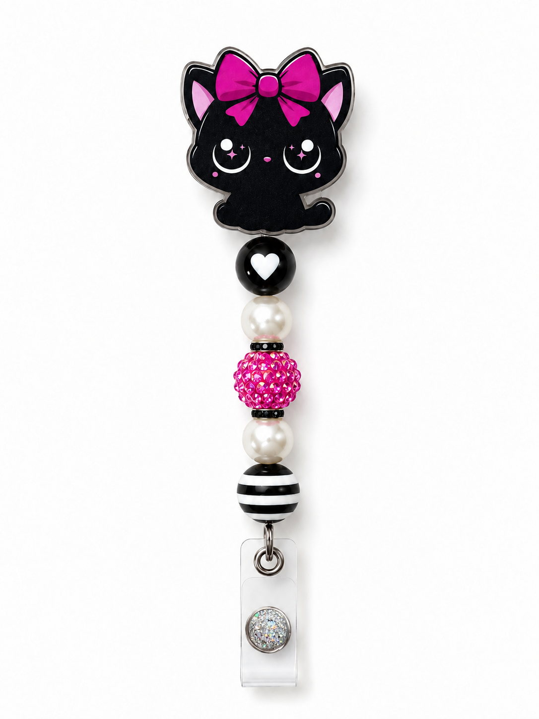 Pretty Kitty Beaded Badge Reel – Black Cat Badge Holder with Hot Pink Sparkle Beads