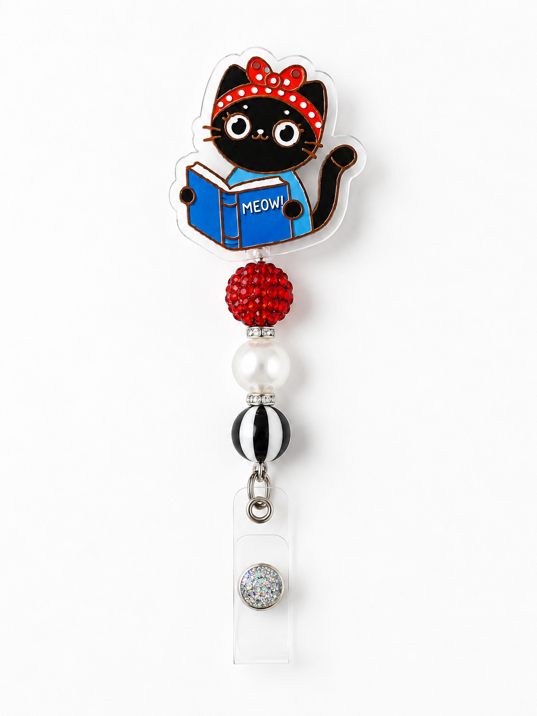 Book Lover Black Cat Badge Reel – Handmade with Red Rhinestone, Pearl & Black Stripe Beads