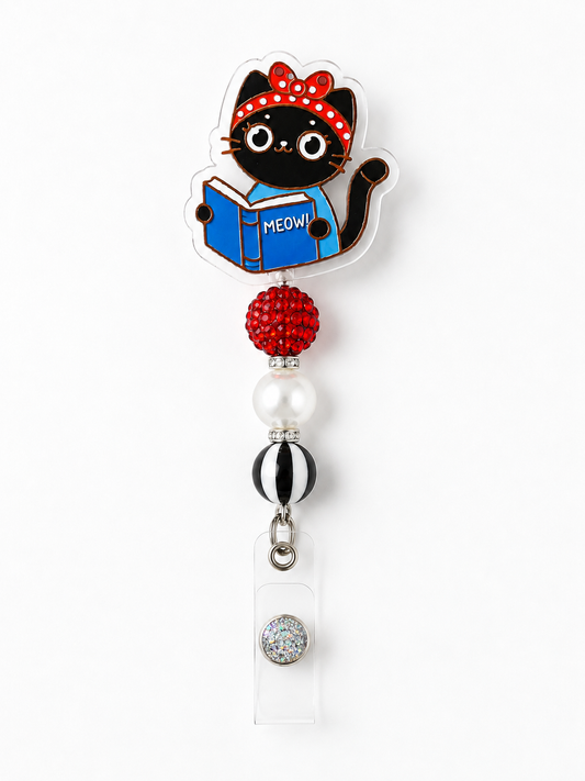 Book Lover Black Cat Badge Reel – Handmade with Red Rhinestone, Pearl & Black Stripe Beads