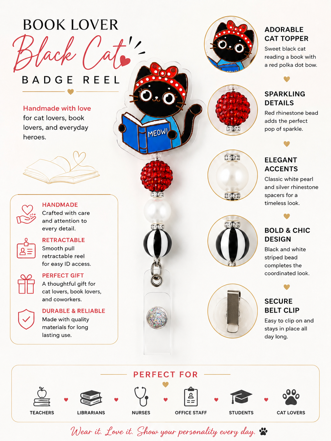 Book Lover Black Cat Badge Reel – Handmade with Red Rhinestone, Pearl & Black Stripe Beads