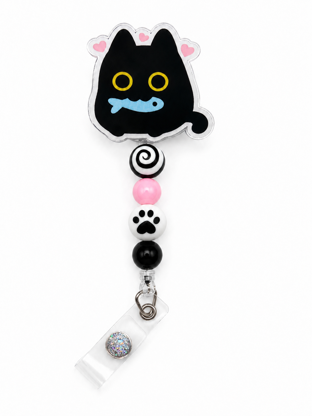 Cute Black Cat Badge Reel - Pink & Black Beaded Retractable ID Holder