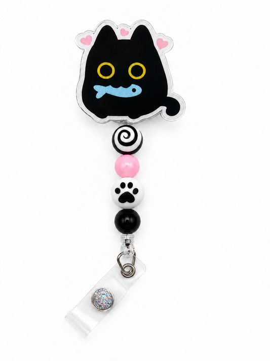 Cute Black Cat Badge Reel - Pink & Black Beaded Retractable ID Holder