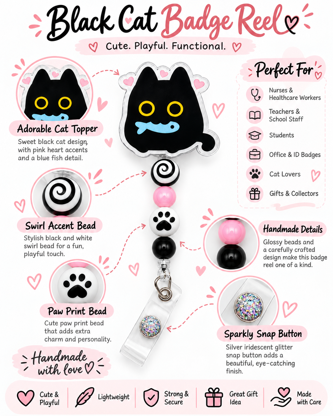Cute Black Cat Badge Reel - Pink & Black Beaded Retractable ID Holder