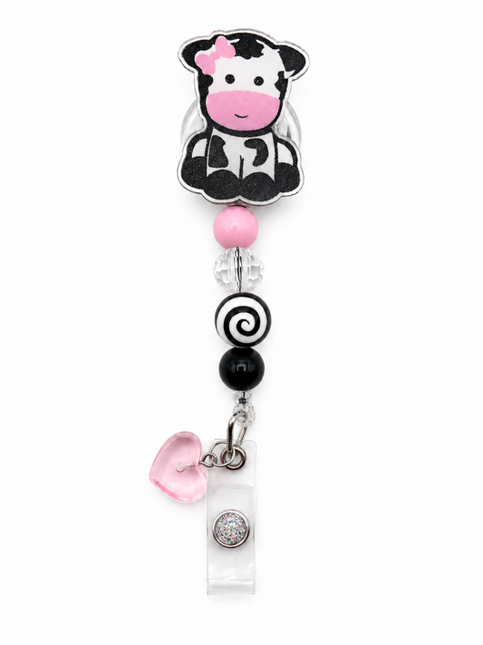 Cow Print Badge Reel with Pink Bow & Heart Charm – Handmade Retractable ID Badge Holder