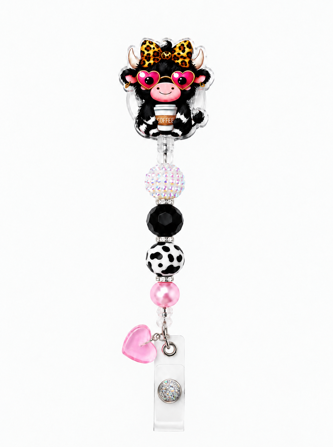 Highland Cow Pink Heart Badge Reel - Handmade Beaded ID Badge Reel with Pink Heart Charm