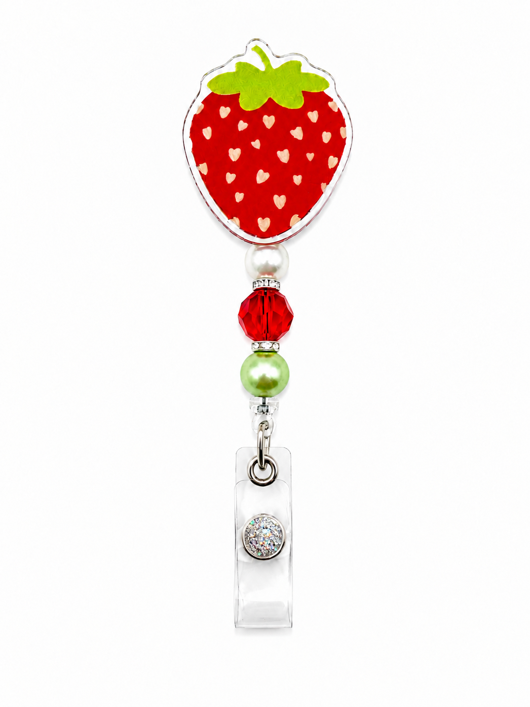 Strawberry Heart Badge Reel - Handmade Beaded Retractable ID Holder