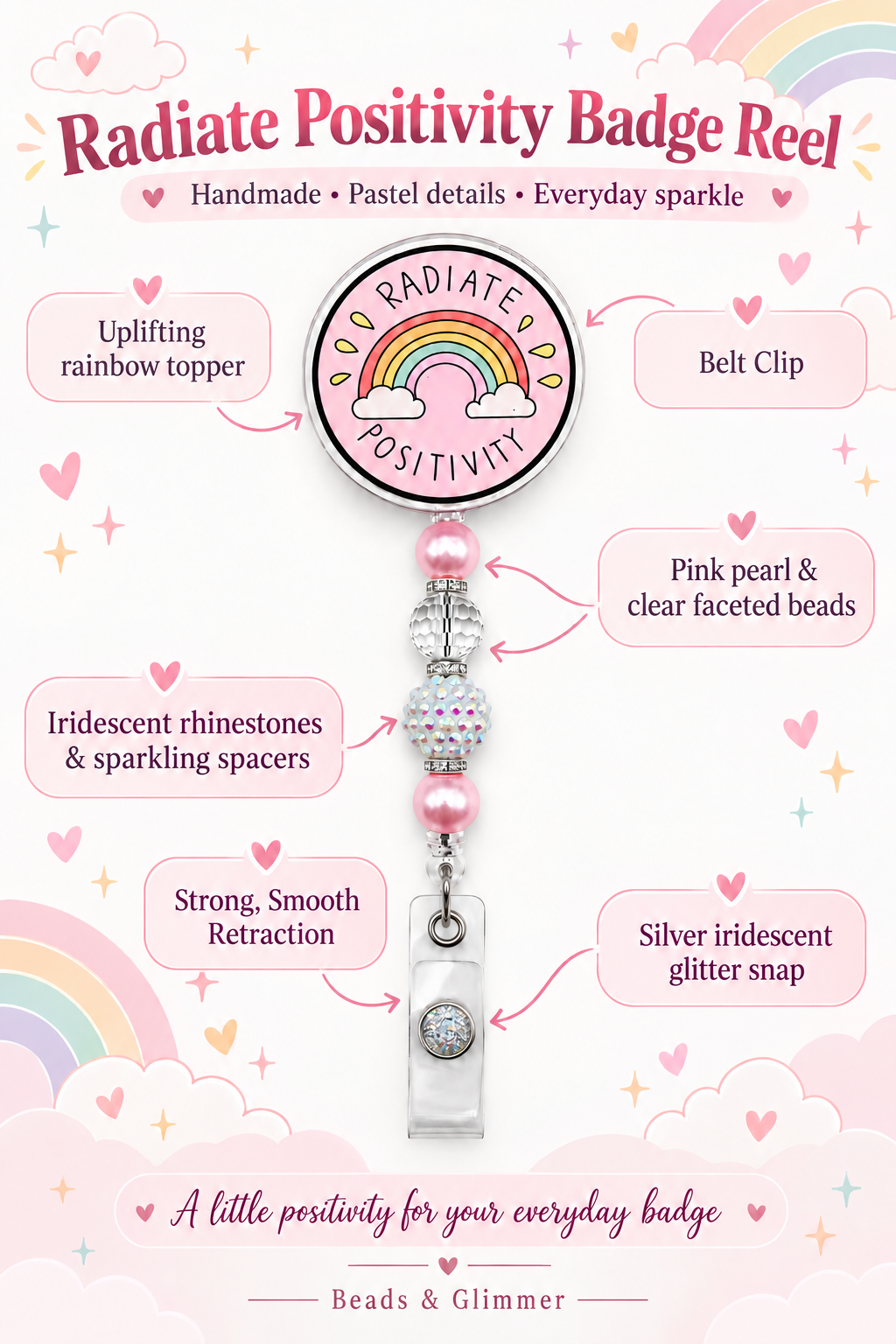 Radiate Positivity Badge Reel - Rainbow Pastel Beaded ID Holder