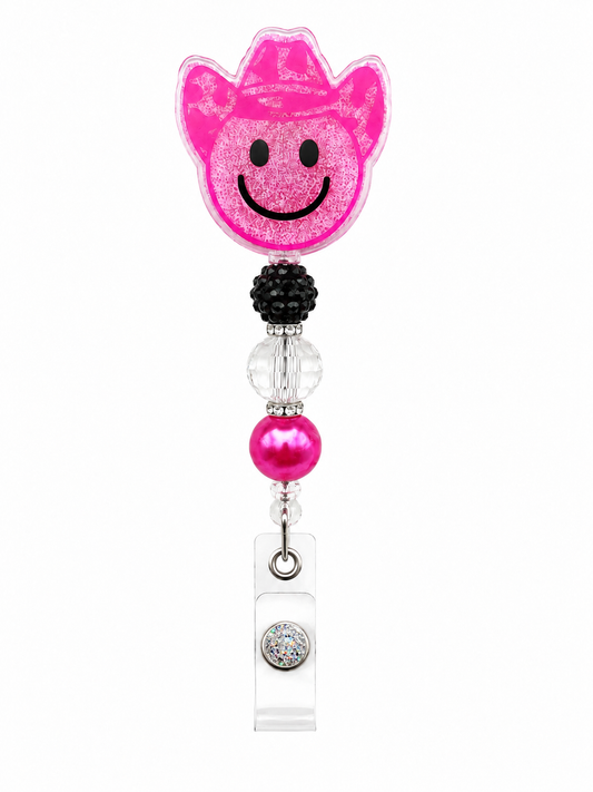 Pink Cowgirl Smiley Face - Handmade Beaded Badge Reel ID Holder
