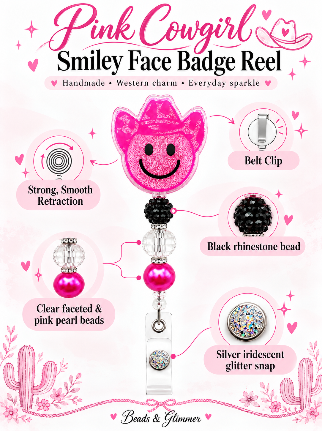 Pink Cowgirl Smiley Face - Handmade Beaded Badge Reel ID Holder