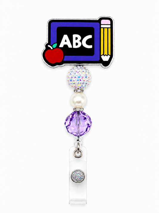 ABC Chalkboard Badge Reel – Handmade Beaded Retractable ID Holder