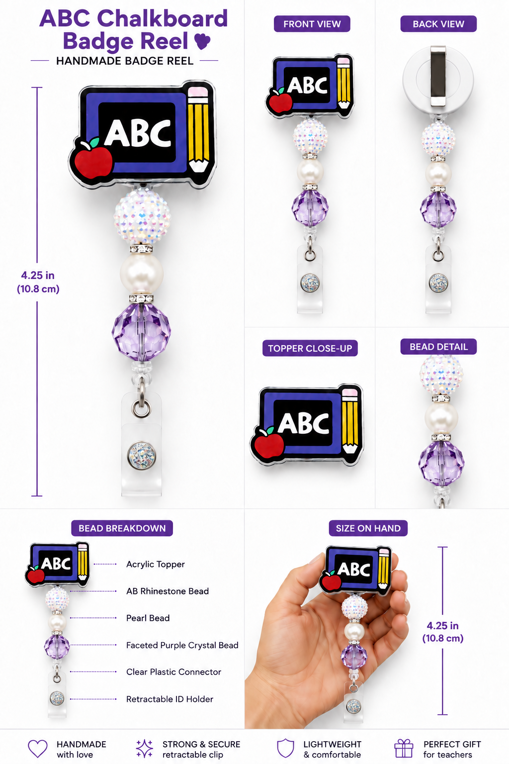ABC Chalkboard Badge Reel – Handmade Beaded Retractable ID Holder