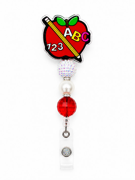 Apple ABC/123 Teacher Badge Reel - Handmade Beaded Retractable ID Holder
