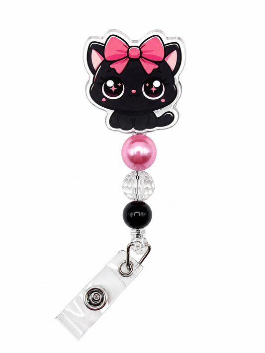 Cute Black Cat Beaded Badge Reel with Pink Bow & ID Holder