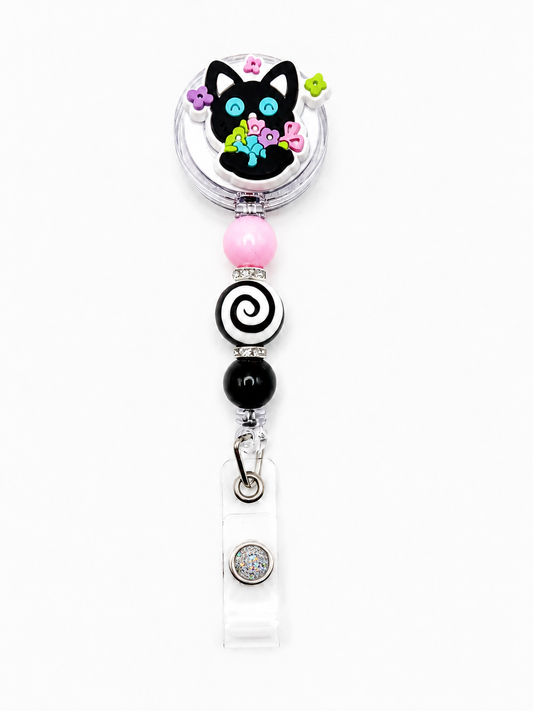 Black Cat Floral Badge Reel - Pink, Swirl & Black Beaded Retractable ID Holder