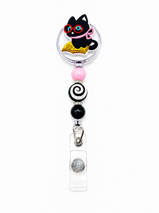 Black Cat Book Lover Badge Reel - Beaded Retractable ID Holder - Cute Teacher, Librarian & Reader Gift