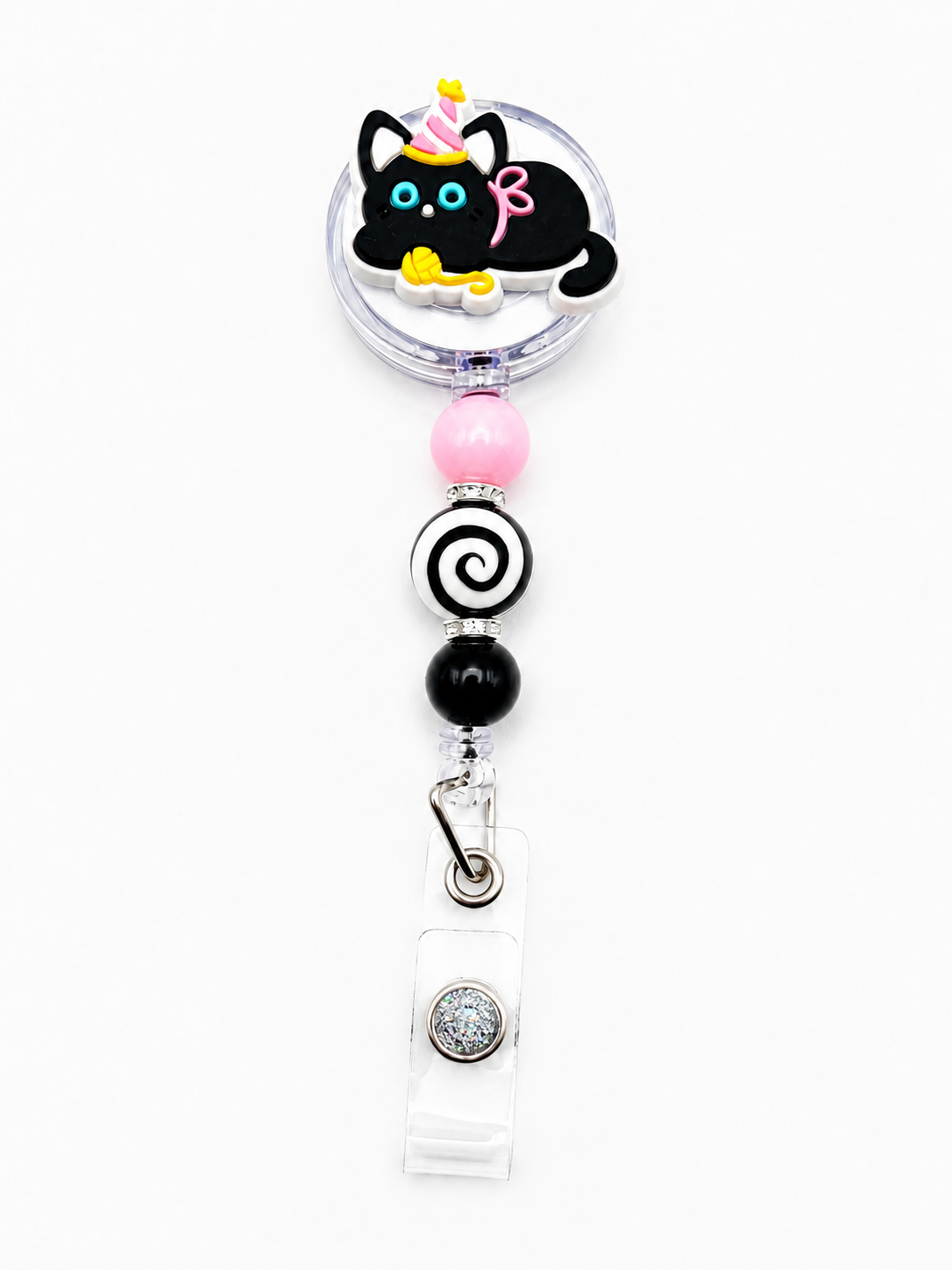 Black Cat Party Badge Reel - Pink, Black & Swirl Beaded Retractable ID Holder