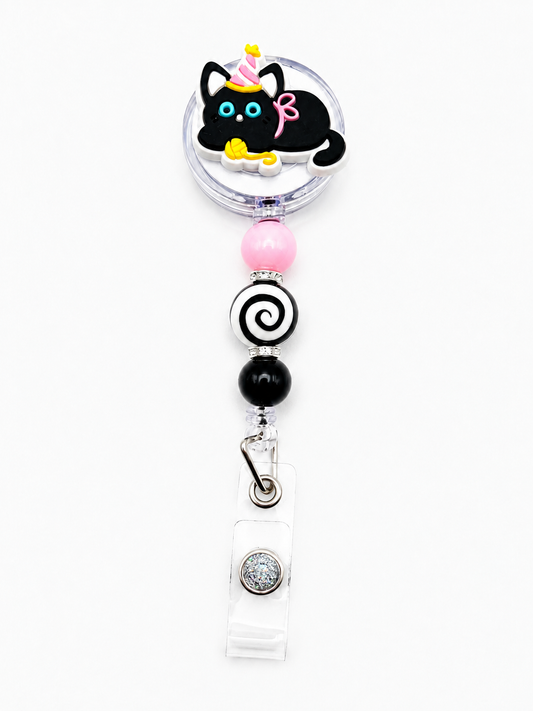 Black Cat Party Badge Reel - Pink, Black & Swirl Beaded Retractable ID Holder
