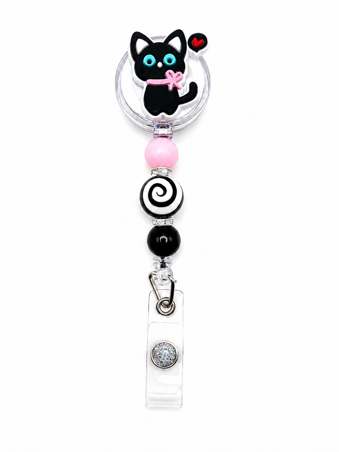 Black Cat Love Badge Reel - Pink, Black & Swirl Beaded Retractable ID Holder