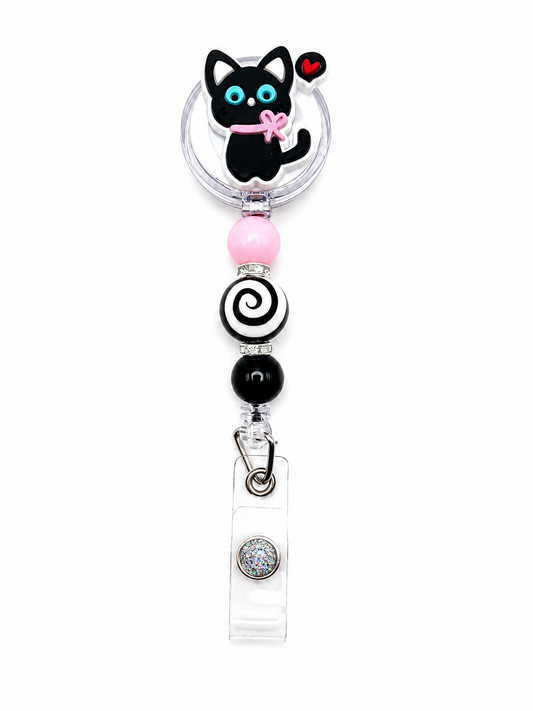 Black Cat Love Badge Reel - Pink, Black & Swirl Beaded Retractable ID Holder