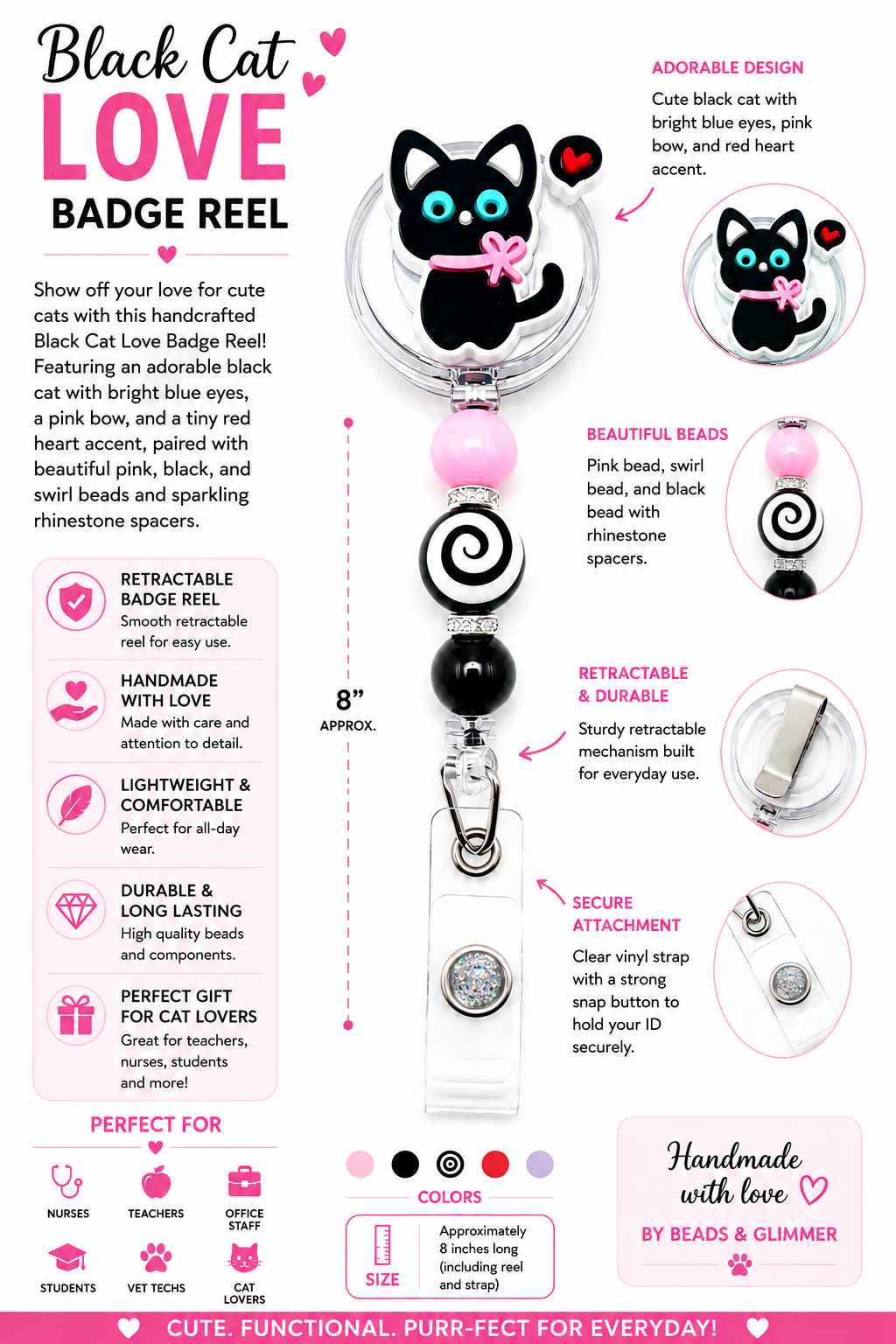 Black Cat Love Badge Reel - Pink, Black & Swirl Beaded Retractable ID Holder