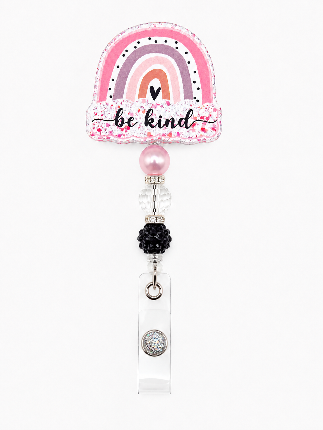 Be Kind Rainbow Badge Reel - Pink Beaded Nurse & Teacher ID Holder