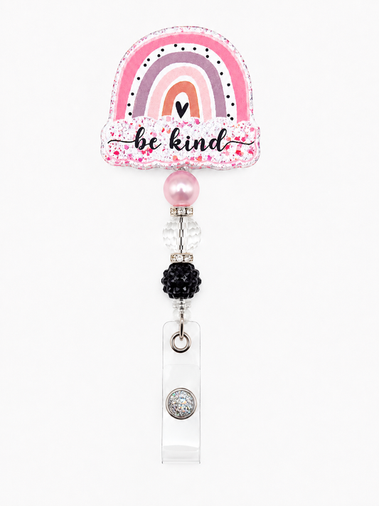 Be Kind Rainbow Badge Reel - Pink Beaded Nurse & Teacher ID Holder