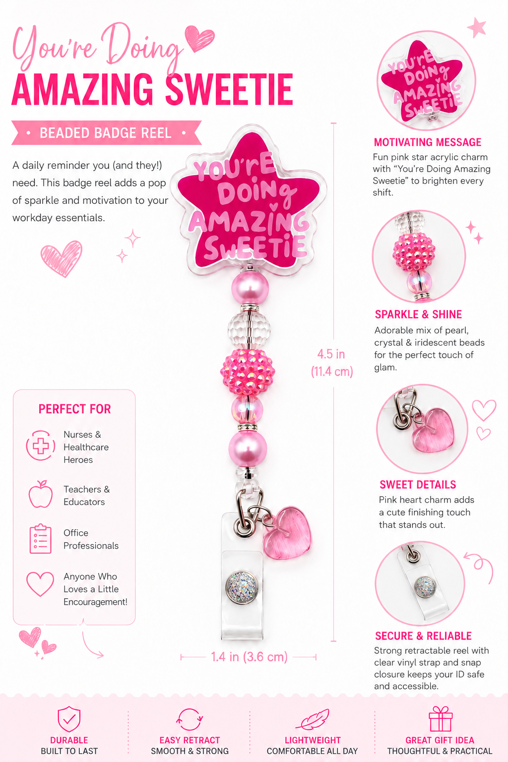 You’re Doing Amazing Sweetie Pink Beaded Badge Reel