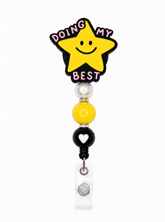 Doing My Best Star Badge Reel – Yellow & Black Beaded ID Holder