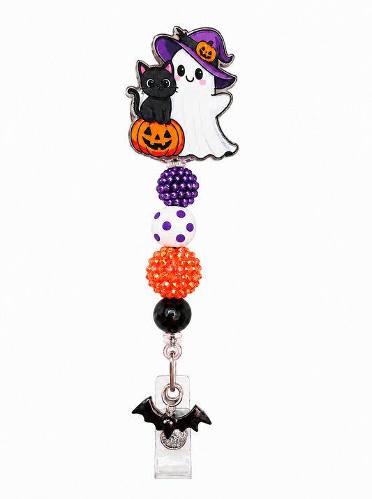 Ghost & Cat Halloween Badge Reel – Purple, Orange & Polka Dot Beaded ID Holder with Bat Charm