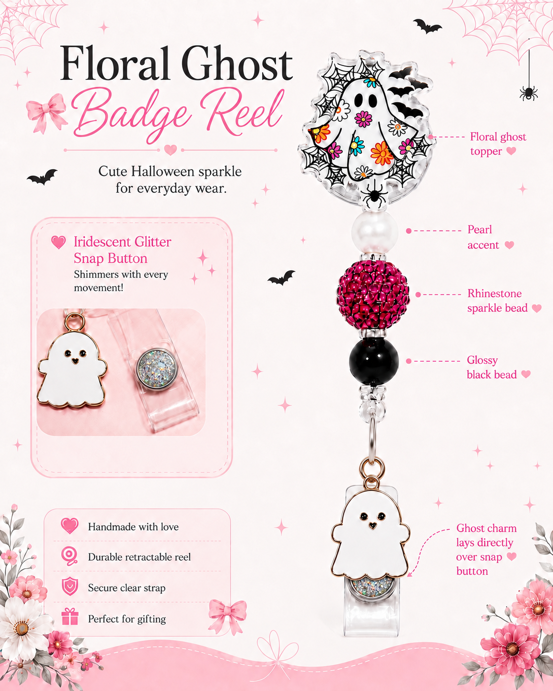 Floral Ghost Halloween Badge Reel with Pink Rhinestone Bead & Ghost Charm