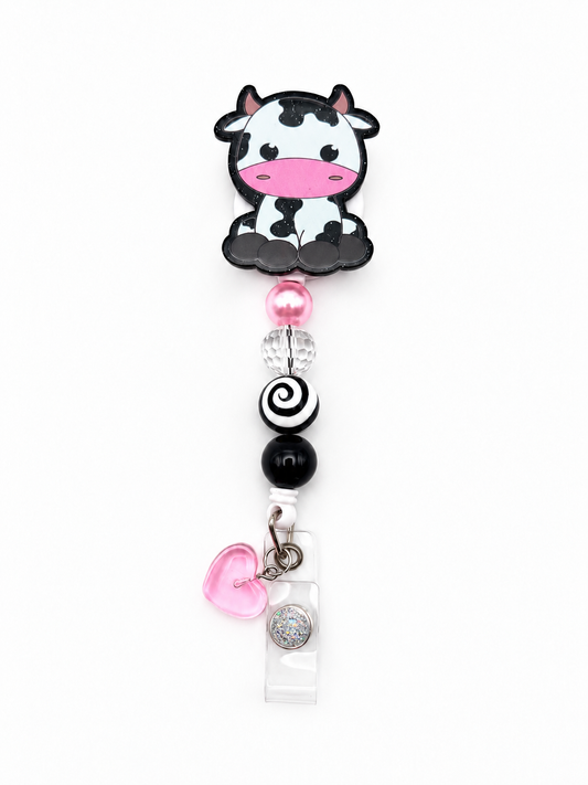 Cow Print Badge Reel with Soft Pink Heart Charm - Pink & Black Cute Cow ID Holder with Swirl Bead